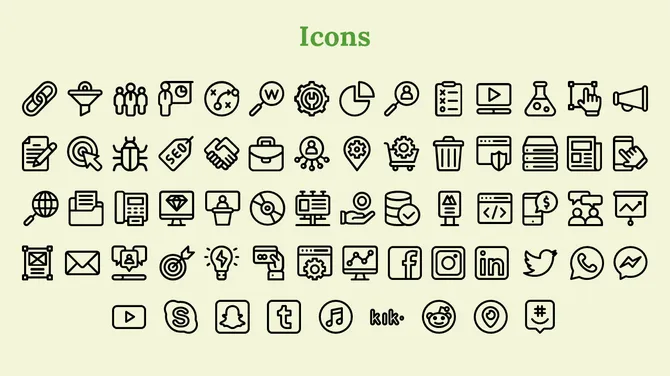 Slide with various black icons, such as social media logos and digital tools, displayed on a light green background.