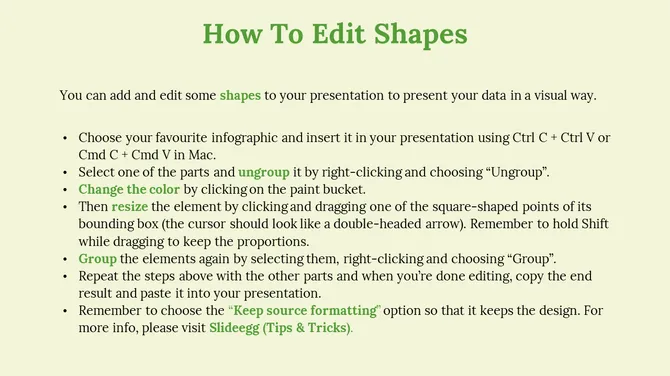 Light pastel background with bold green headings and instructions on how to edit shapes in a PowerPoint presentation.