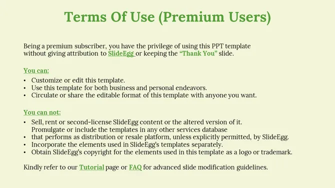 Terms of use slide  for premium users with green header, black text, and bullet points, on a light pastel backdrop.