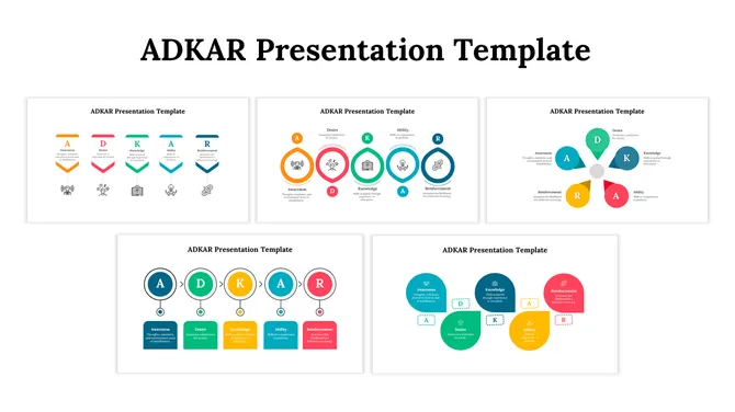 Five ADKAR templates in a grid layout with colorful diagrams, including flowcharts, petals, circles, and blocks.