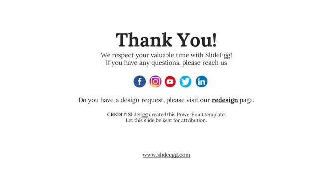 Simple thank you layout with white background, bold black title, light gray text, and colorful circular social icons.