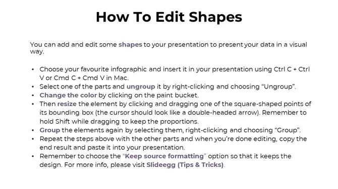 White slide featuring a bold heading, black text and bullet points explaining how to modify shapes.