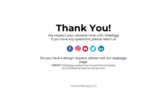 White thank you slide with black heading, gray text details, and social media icons arranged horizontally in the center.