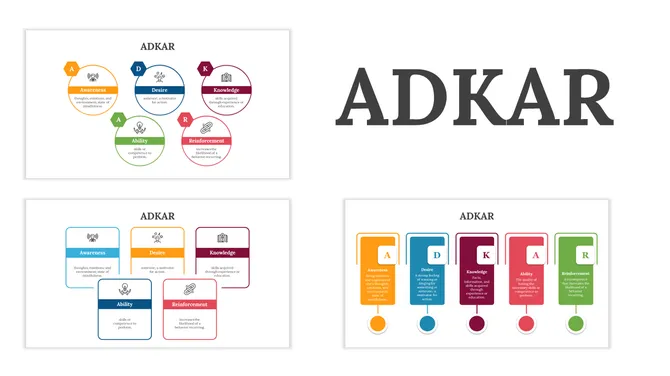 Three ADKAR slide designs with circle, square, and vertical rectangle layouts, using various colors.