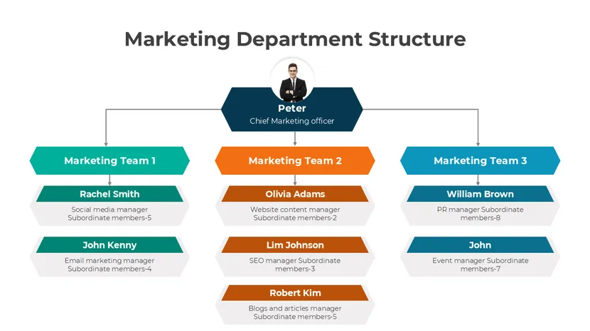 Free - Marketing Department Structure PowerPoint And Google Slides Marketing department structure chart showing CMO, three marketing teams, managers, and subordinate roles in a clean layout.
